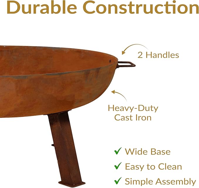 Sunnydaze 30-Inch Cast Iron Heavy-Duty Fire Pit for Outside - Wood-Burning Outdoor Fire Pit Bowl with Handles - Oxidized Finish