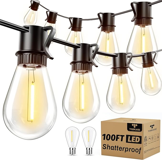 Torkase 100FT Outdoor String Lights LED, 30+2 S14 Shatterproof Bulbs, Dimmable Patio Lights, IP54 Waterproof Connectable for Pergola Lighting, Backyard, Porch,Weddings, Cafe, Party