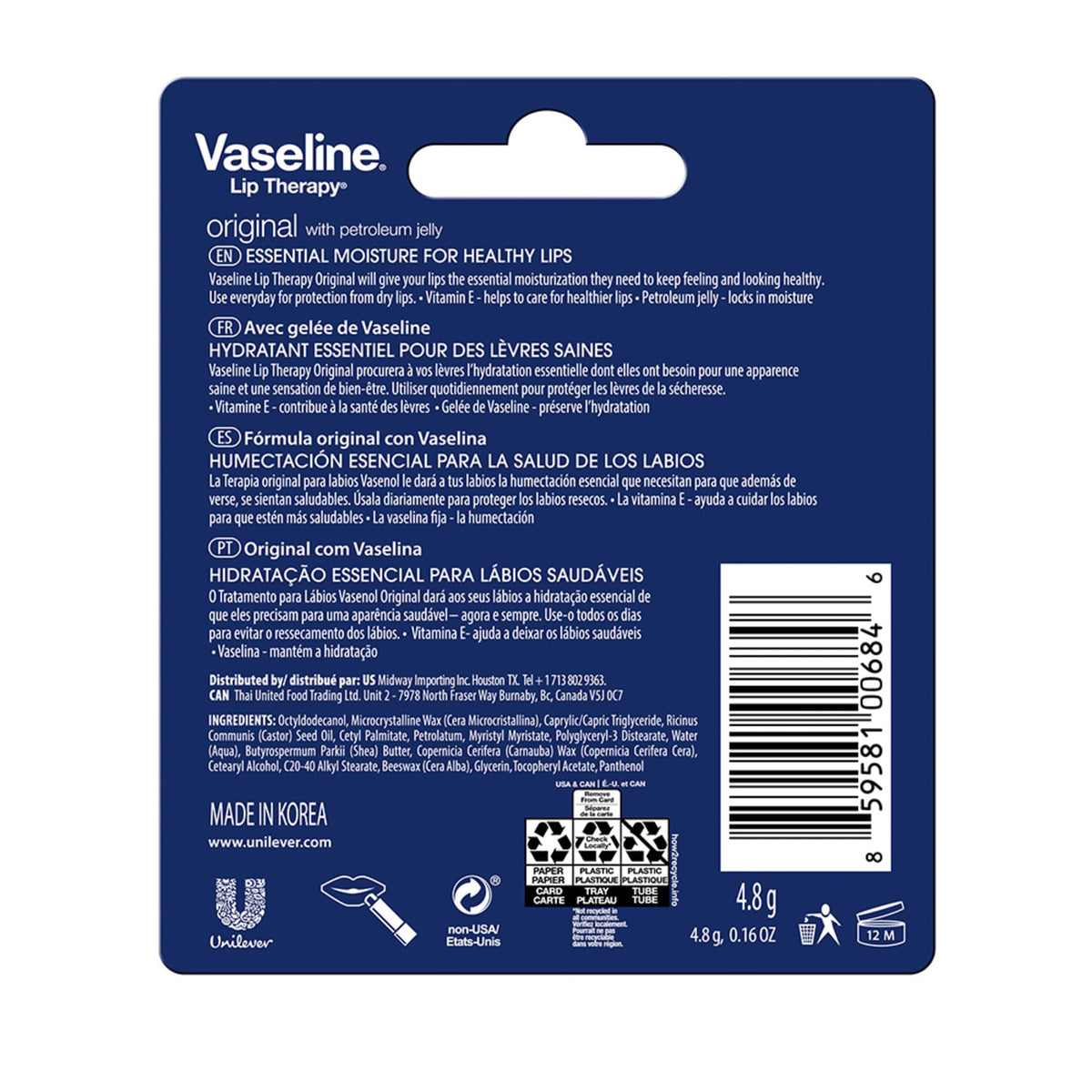 Vaseline Lip Therapy original with petroleum jelly 4.8g