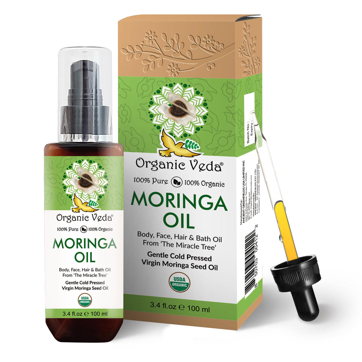 Organic Veda Moringa Oil - Usda Cold Pressed Virgin Moringa Seed Oil - 100% Pure Moringa Skin Care Oil Moisturizer For Face, Nai