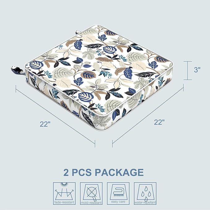 LVTXIII Patio Chair Cushions 22"x22"x3", Water-Repellent Outdoor Seat Cushions for Patio Furniture, Square Chair Pads with Ties for Home Garden Decoration, Set of 2, Breeze Leaves Beige