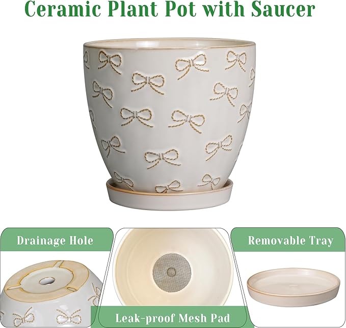 Ceramic Plant Pot 6.9 Inch - Ceramic Planter with Drainage Hole and Saucer Round Planter Flower Pot for Indoor Plants Outdoor Home Garden Office Decor White