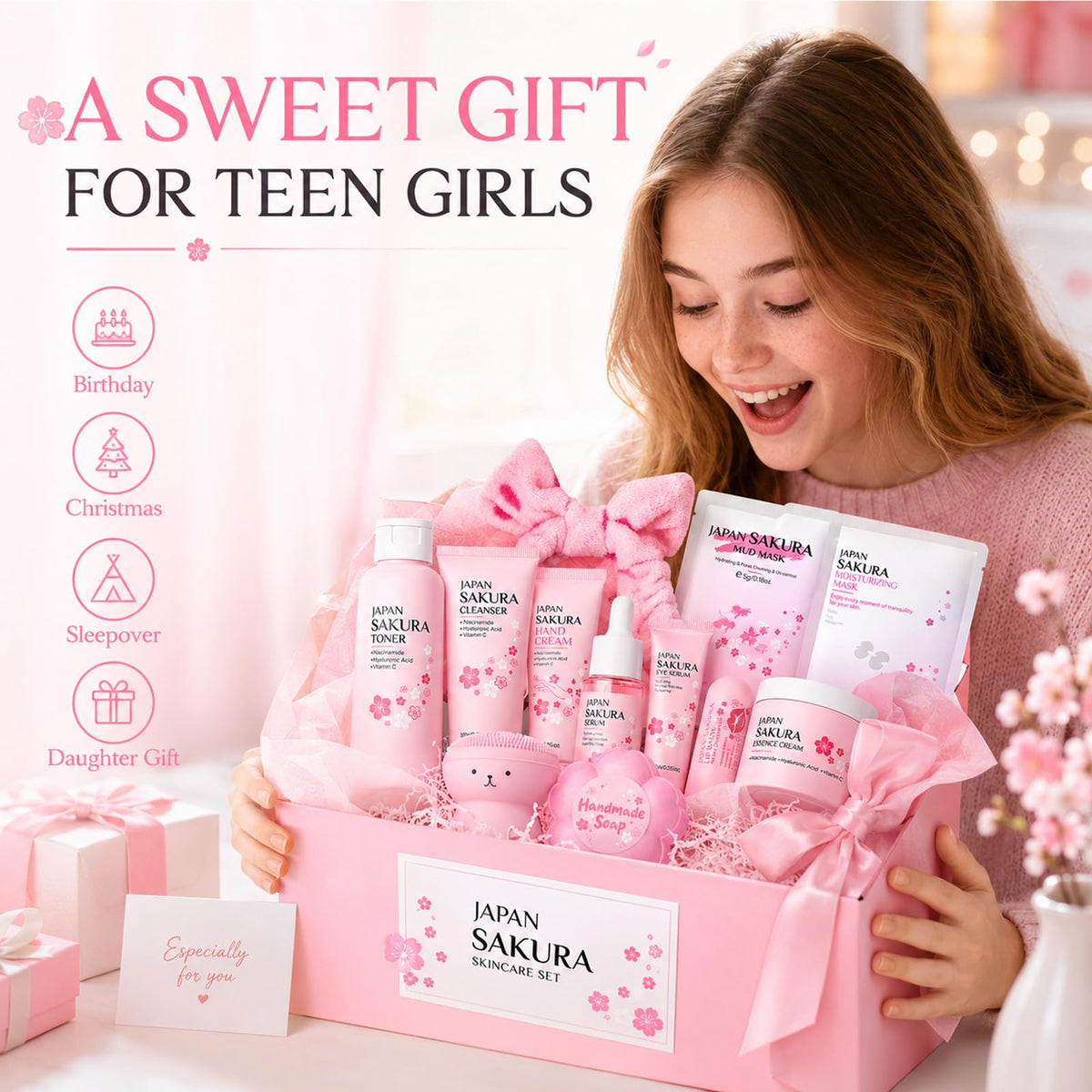 Sakura Skin Care Set for Kids Teen Girls, Birthday Christmas Gifts, 15 PCS