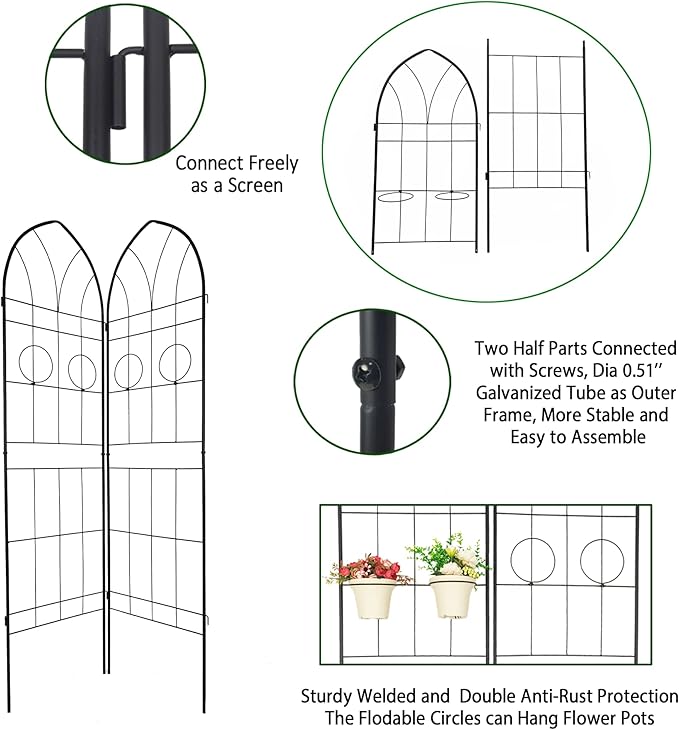 2 Pack Metal Garden Trellis 78.7" H Garden Fence Rustproof Trellis for Climbing Plants Support Roses Flower Outdoor Lawn Black
