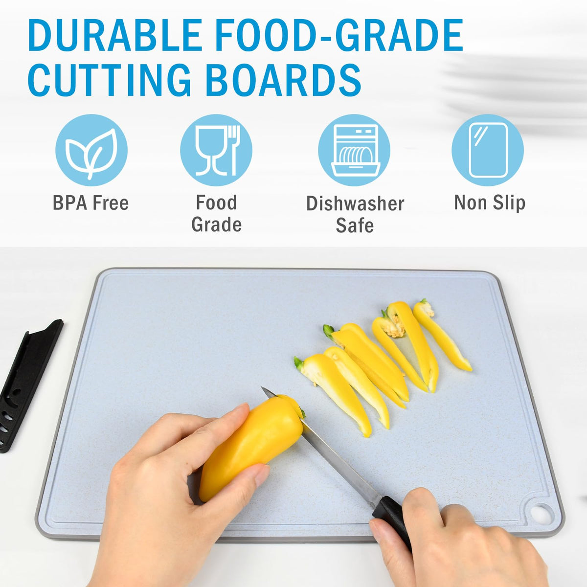 Wheat Fiber Cutting Boards for Kitchen, Plastic Cutting Board Set of 3, Extra Large Usable Area with Non Slip Narrow Edges, Dishwasher Safe, BPA Free, Reversible for Meat, 15.8" x 11", Multicolor