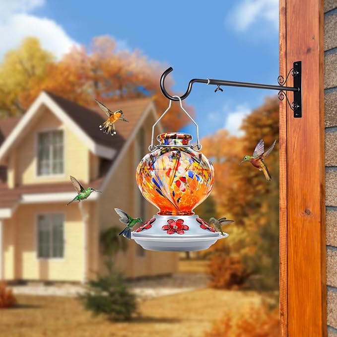 BOLITE Hummingbird Feeder, Hand Blown Glass Hummingbird Feeders for Outdoors Hanging, with Ant Moat and 5 Feeding Ports, 22 Ounces, Peony Flower Shape, Orange, Gifts for Women Men, Gifts for Mom Dad