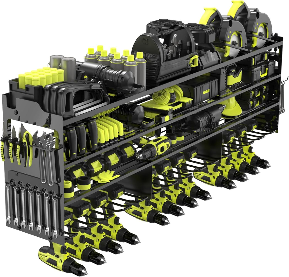 Power Tool Organizer Wall Mount with 12-Drill Holders-800Lbs Load Heavy Duty Metal 4-Layers Garage Storage and Organization Adjustable Battery Tools Rack with Side Panels Utility Racks Gifts for Men