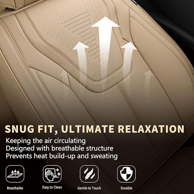 FLORICH Seat Covers, Front Car Seat Covers Luxury Waterproof Faux Leather Seat Covers Cushion, Car Seat Protectors Universal Fit for Most 5 Seats Vehicles - Beige