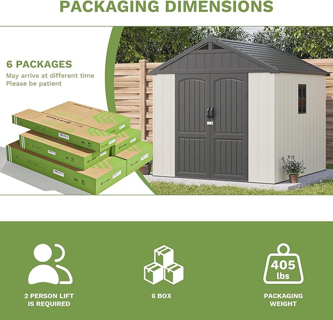 Patiowell 8 x 8 FT Plastic Outdoor Storage Shed with Floor, Resin Shed with Window and Lockable Door for Garden, Backyard, Tool Storage Use, Easy to Install in Beige (Kick-it Shed)