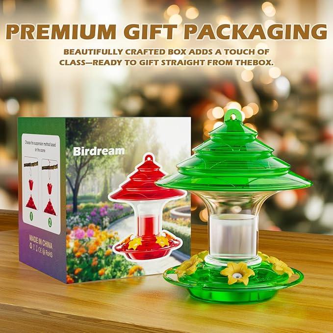 Birdream Hummingbird Feeder for Outdoors Hanging 40oz 10 Feeding Ports, 2 Pack Humming Bird Feeder with Ant Moat Brush Leak Proof - Green