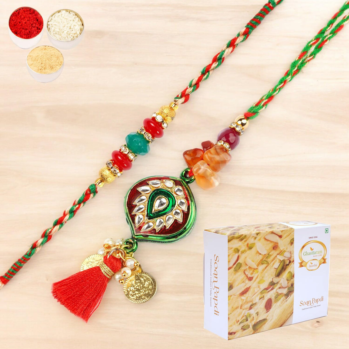 Ghasitaram Gifts Rakhi for Brother Rakhis Online - RM-217 Bhaiya Bhabhi Rakhi with 400 GMS of Soan Papdi