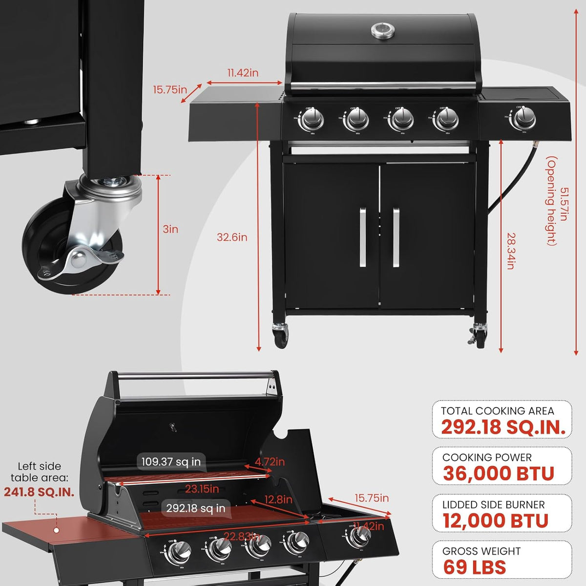 Q043-4-Burner w/Side Burner Gas Grill with 292 SQ.IN. Outdoor Grill with 44,000 BTU,Propane Grills with Top Cover Lid,Grills Outdoor Cooking for Patios,Camping,Balcony,Garden