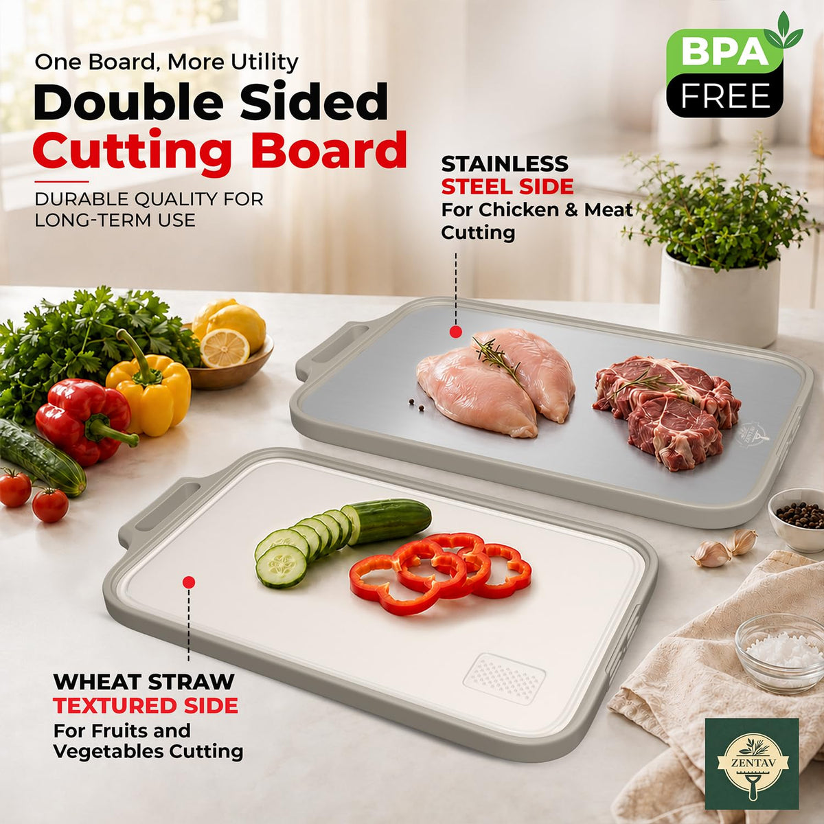 ZENTAV Single Stainless Steel Cutting Board Food Prep - 17" x 11" Double Sided Metal Cutting Board with Wheat Straw Side, Non-Slip Base, Built-in Shredder, Juice Groove & Stand
