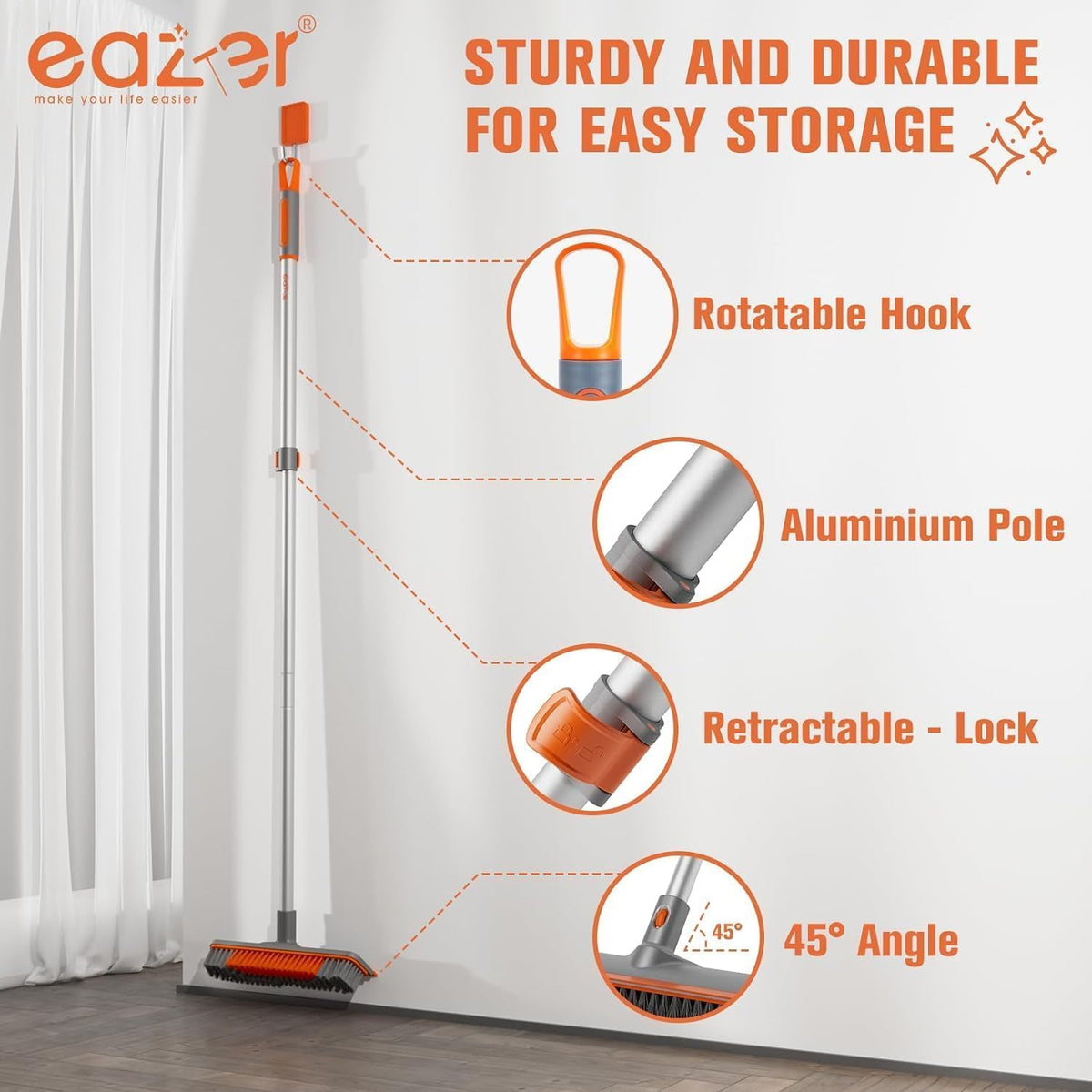 Eazer Floor Scrubber Brush, 2-in-1 Deck Scrubber Brush with Long Handle, Soft & Hard Bristle Brush for Cleaning Concrete, Squeegee Broom for Floor,Bathroom Garage,Kitchen,Wall,Tile and Swimming Pool
