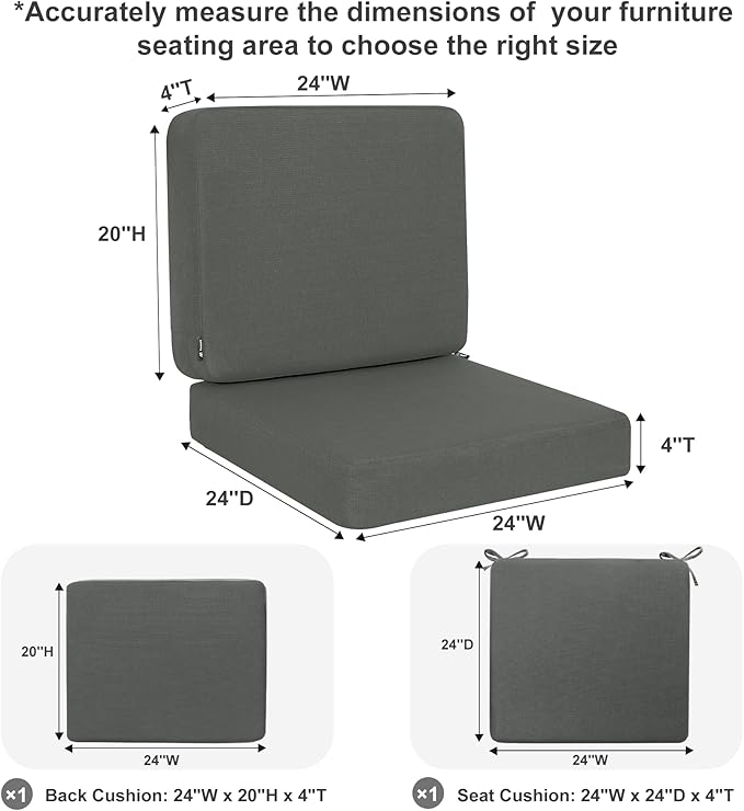 Favoyard Outdoor Deep Seat Cushion Set, 24 x 24 Inch Rainproof & 3-Year Fade Resistant Patio Furniture Cushions, Removable Seat Bottom & Back Cushion covers with Ties for Chair, Sofa, Couch, Dark Grey