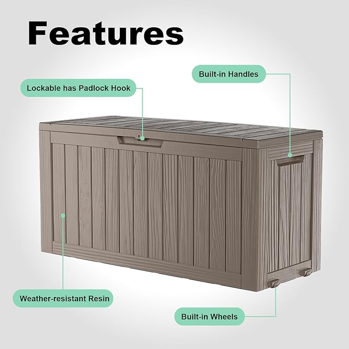 76 Gallon Outdoor Deck Box,Storage Lockable Waterproof Patio Furniture,Garden Tools,Cushions,Pool Accessories Outside Storage Resin Box(Grey)
