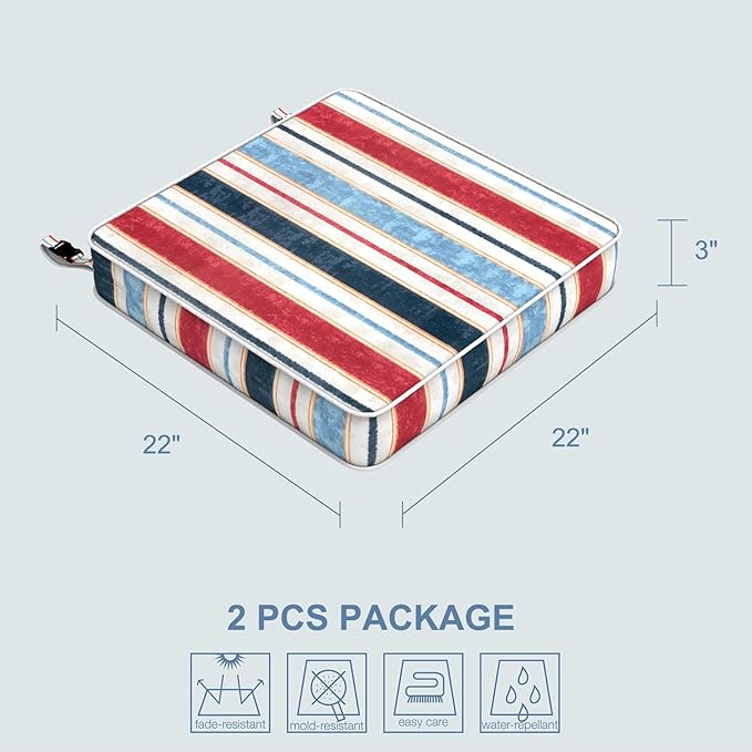 LVTXIII Patio Chair Cushions 22"x22"x3", Water-Repellent Outdoor Seat Cushions for Patio Furniture, Square Chair Pads with Ties for Home Garden Decoration, Set of 2, Stripe Red Blue