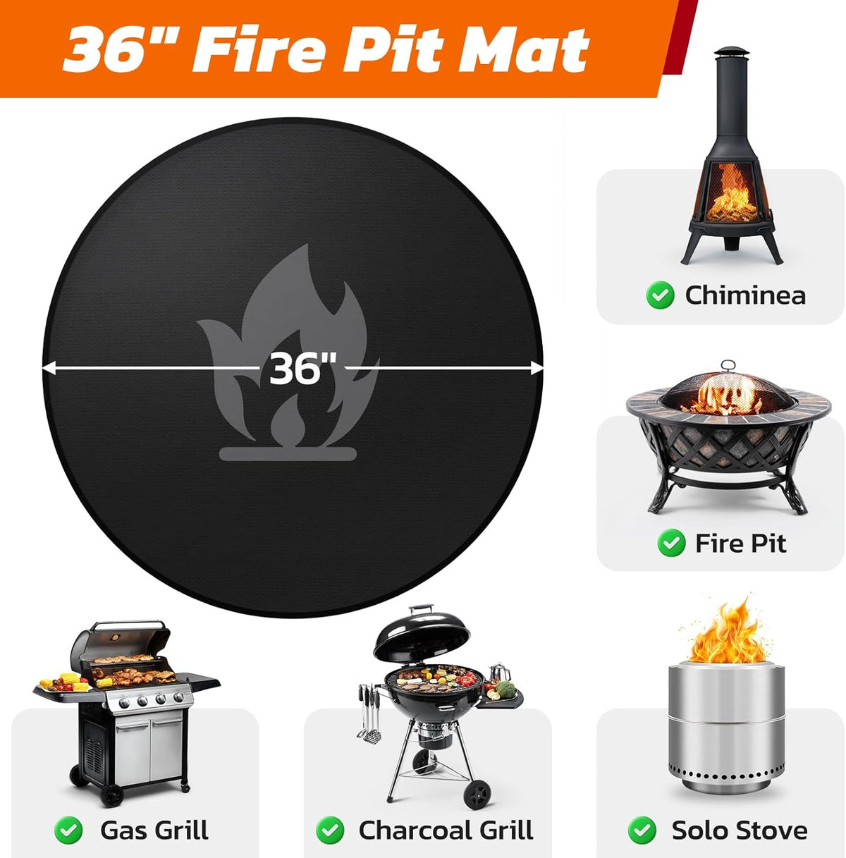 36" Fire Pit Mat for Solo Stove Bonfire: Round Fireproof Under Grill Mat Heat Insulated Indoor Fireplace Pad Protector for Decks, Patios, Grass, BBQ Smoker, Portable Reusable Oil-Proof and Waterproof