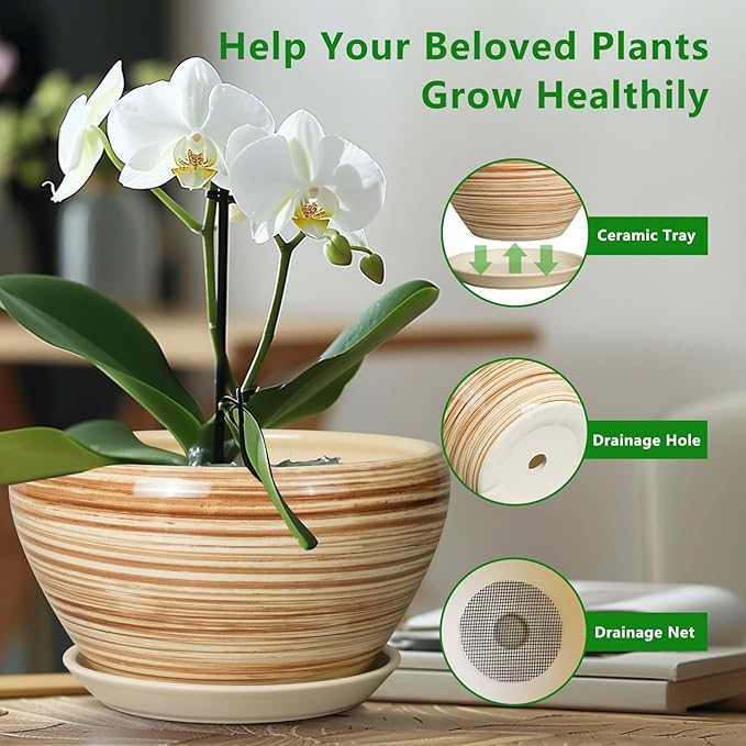 Indoor Planter 9 Inch - Ceramic Pots for Plants Plant Pot Indoor with Drainage Hole and Saucer Round Large Planter Modern Outdoor Flower Pot for House Patio Yellow