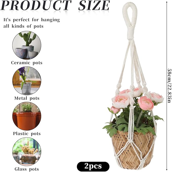 2 PCS Macrame Plant Hanger Indoor Hanging Plant Holder Hand-Woven Cotton Rope Flower Pot Basket with Metal Hook Rings Window Plant Hanger for Outdoor Hanging Pots Home Boho Decor, No Tassels, 23.6"