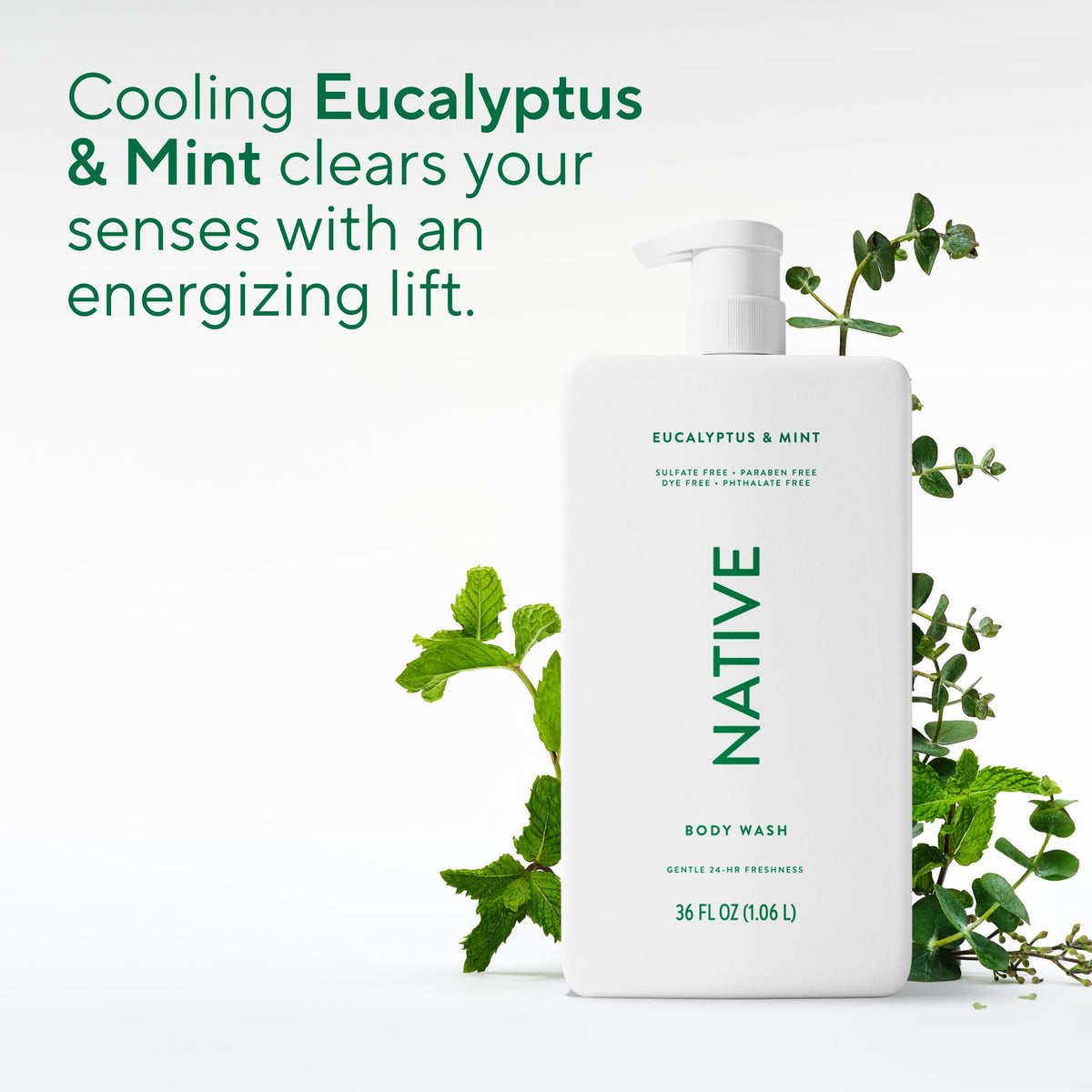 Native Clean Body Wash, Gentle & pH-balanced for Sensitive Skin, 24-Hr Freshness for Women & Men, Vegan & Cruelty-Free, Free of Sulfates, Parabens & Phthalates, Eucalyptus & Mint, 36 oz