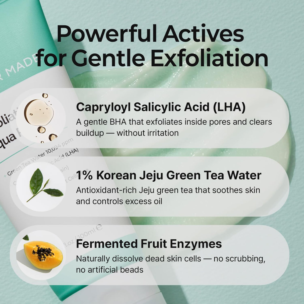 MOTHER MADE LHA Green Tea Exfoliating Aqua Peel Gel, Deep Pore Face Exfoliant, Gentle Facial Exfoliator, Dead Skin Remover, Natural Cellulose for Peeling, Vegan, Korean Skincare (100ml / 3.38 fl.oz)