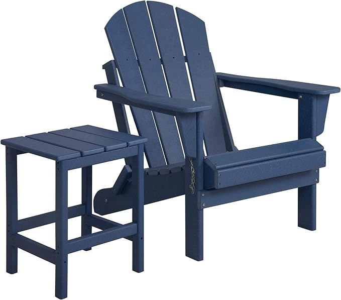 WO Home Furniture Adirondack Chair Table Set of 2 PCS Outdoor Folding Chair w Side Table Weather/UV Resistant for Lawn, Garden, Bon Fire, Balcony (Navy Blue)
