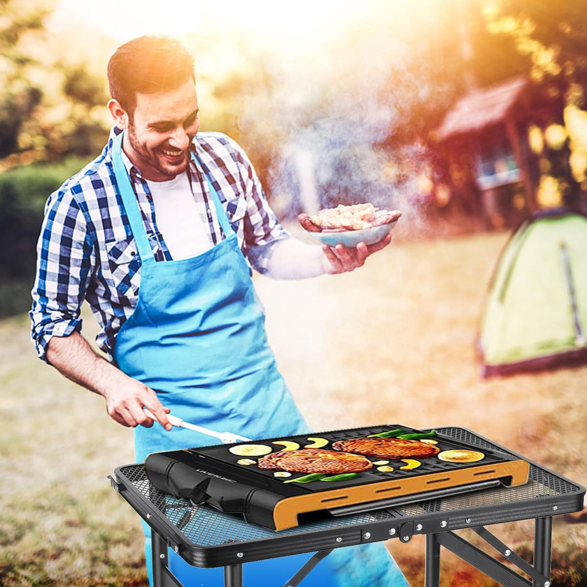 Camping Table Grill 4 Height Adjustable Small Folding 2FT Foldable Picnic Portable Grill Stand Mesh Outdoor Beach BBQ RV Black