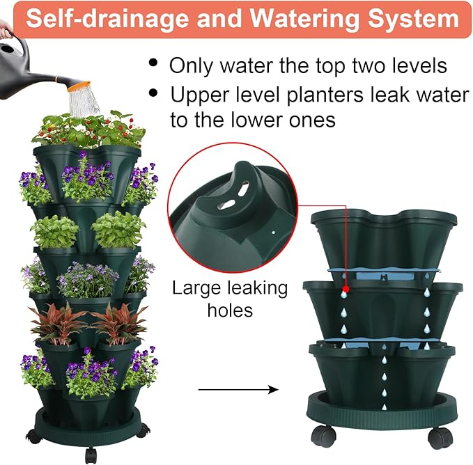 Vertical Planter 6 Tier Stackable Planters Garden Planters Strawberry Herb Flower and Vegetable Planter Indoor Outdoor Gardening Pots with Removable Wheels and Tools 2-Pack