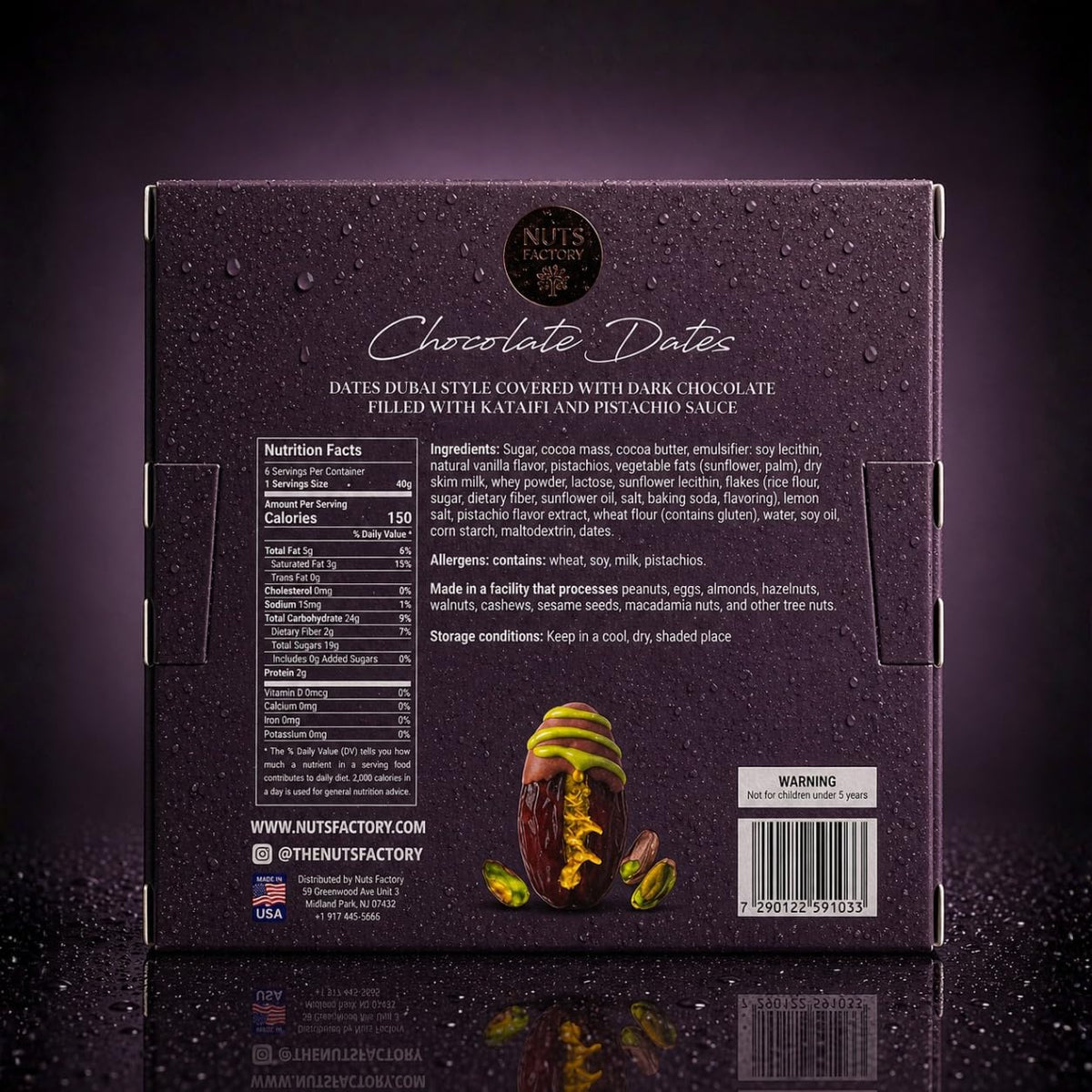 Nuts Factory Chocolate Dates - Dubai Style Dark Chocolate Covered Dates with Kataifi & Pistachio Filling, Gourmet Stuffed Date Dessert Treats