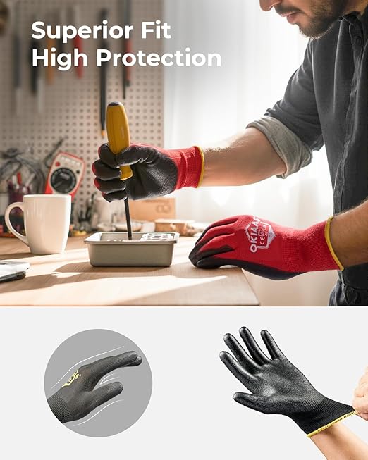 OKIAAS Work Gloves for Men - Ultra Thin and Lightweight With Grip, 12 Pairs Bulk Pack Construction With Polyurethane Coating, Safety for Light Duty Work (Green, Small)