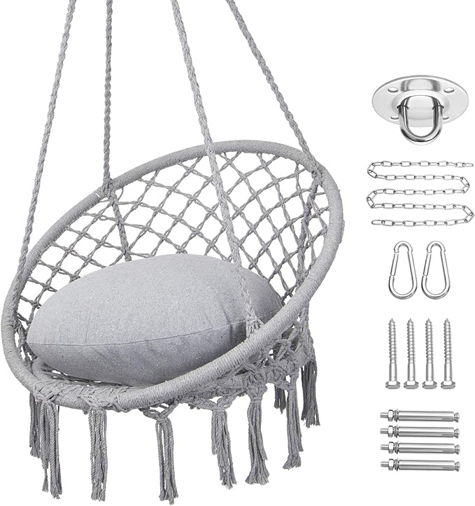 Y- STOP Hammock Chair Macrame Swing, Max 330 Lbs, Hanging Cotton Rope Hammock Swing Chair for Indoor and Outdoor Use, Light Grey
