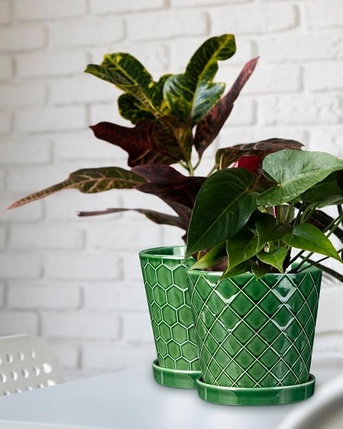 EFISPSS 6 Inch Plant Pot,Ceramic Pots for Plants with Drainage,Flower Pots Indoor Pots for Plants, Modern Flower Pots for Home and Office,Set of 2 - Patina