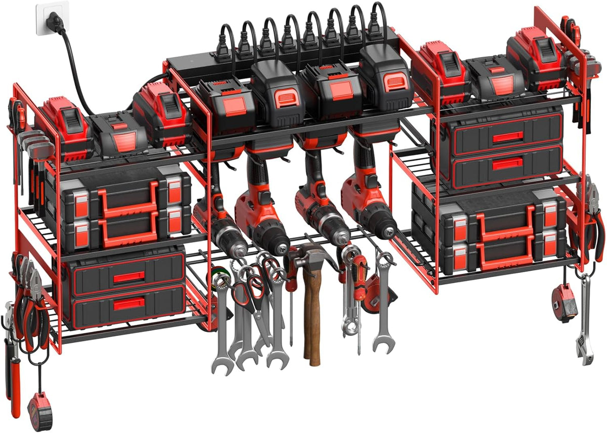 CCCEI Red Power Tool Organizer Wall Mount, Large Tools and Battery Storage Rack Charging Station Individual Switches. Drills Holder, Garage Utility Shelves with 6FT Power Strip. Gift for Men.