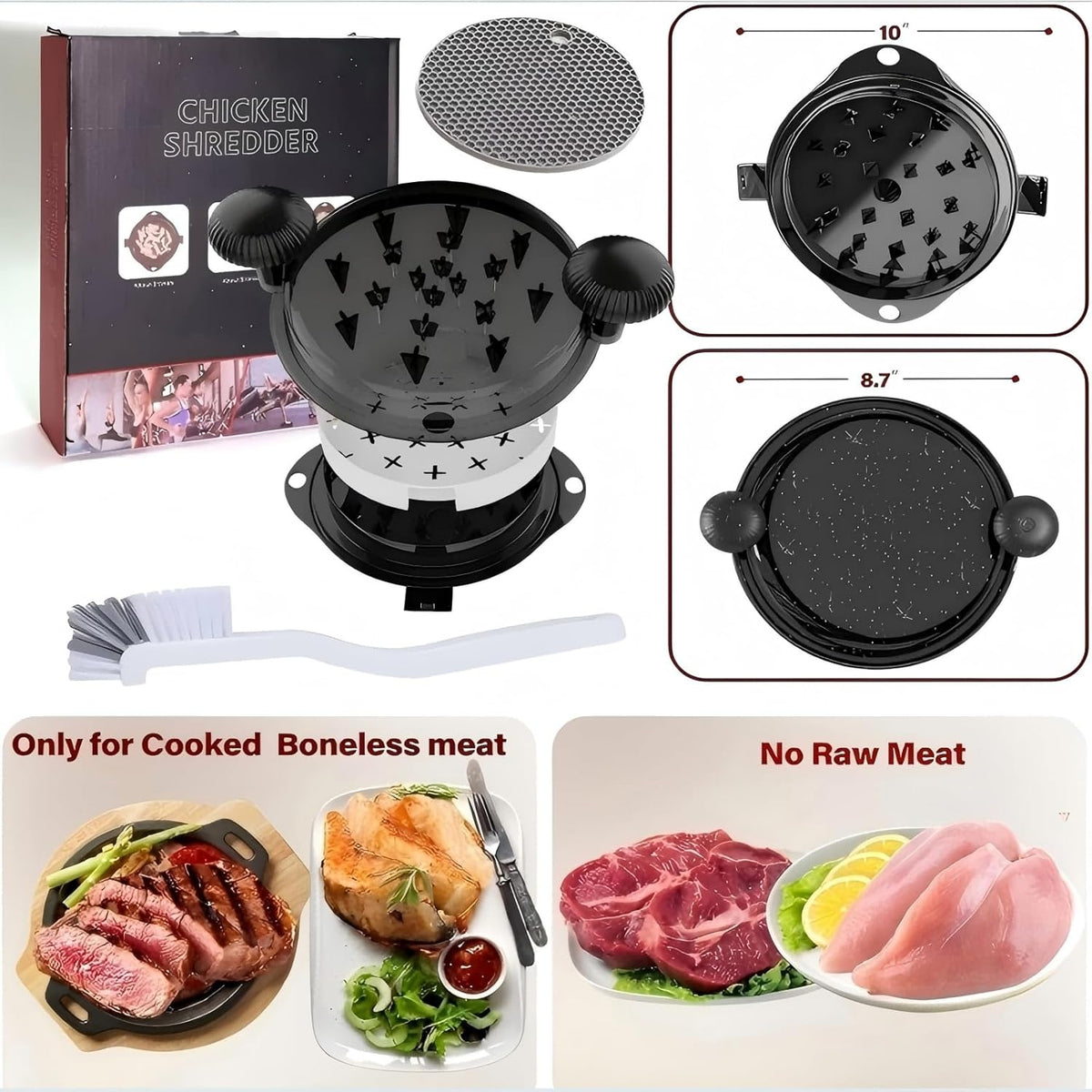 Chicken Shredder Meat Shredder Tool Twist Chicken Breast Shredder Large-Shredding Tools Chicken Breast, Pulled Pork, Beef with Stainless Steel Spikes (Black&Black)