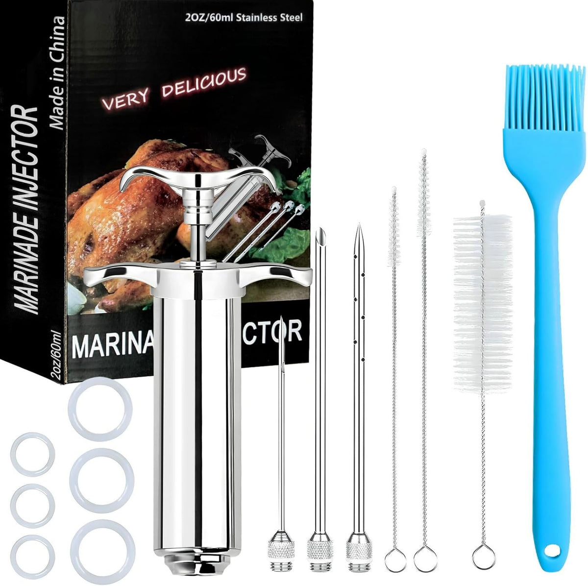 304-Stainless Steel Meat Injector Syringe Kit with 3 Marinade Needles for BBQ Grill Smoker, Turkey, Brisket, Beef, Fish, 2-oz Large Capacity, Silicone Brush and Cleaning Brush