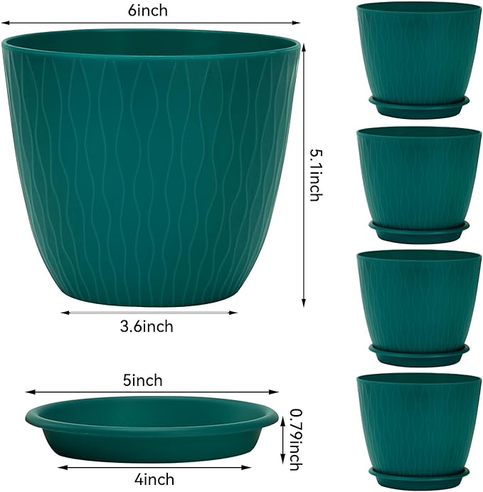 Plant Pots – 6 Inch Planters with Drainage Holes and Saucers, Flower Pots for Indoor and Outdoor Plants, Nursery Planting Pots (Pack of 5, Teal)