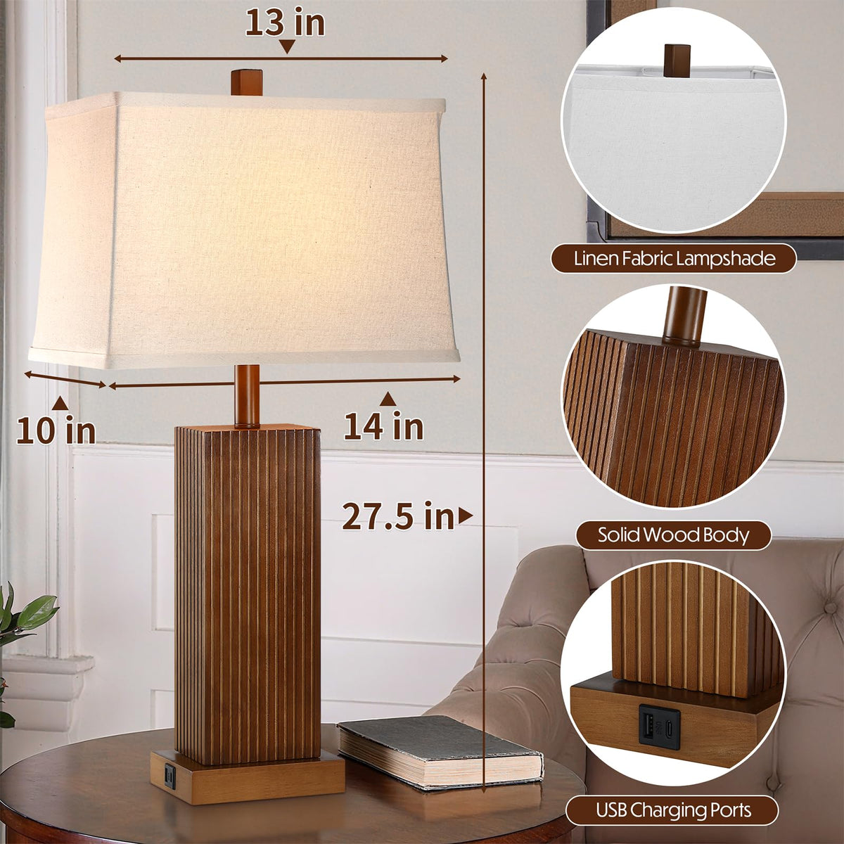 Lovlast 27.5" Wood Table Lamps Set of 2 for Bedroom Living Room (Walnut)