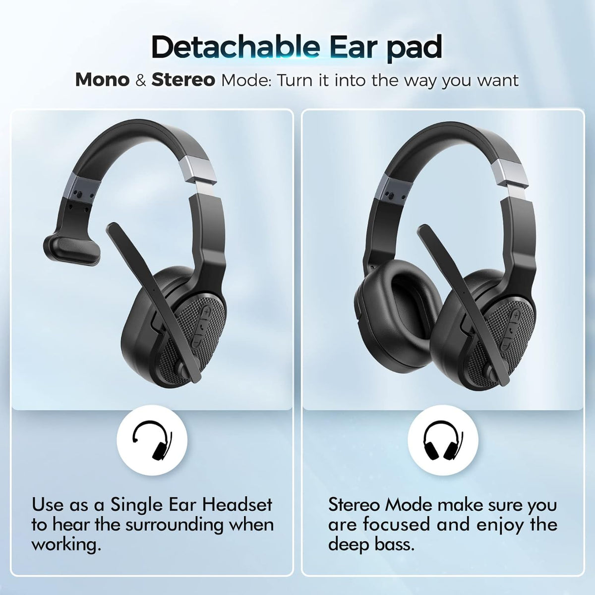 Trucker Bluetooth Headset, Wireless Headsets with Noise Cancelling Microphone, 50+Hrs HD Talktime Bluetooth Headphones with Detachable Earpad/Single+Dual Mode for Office/Driving/Home