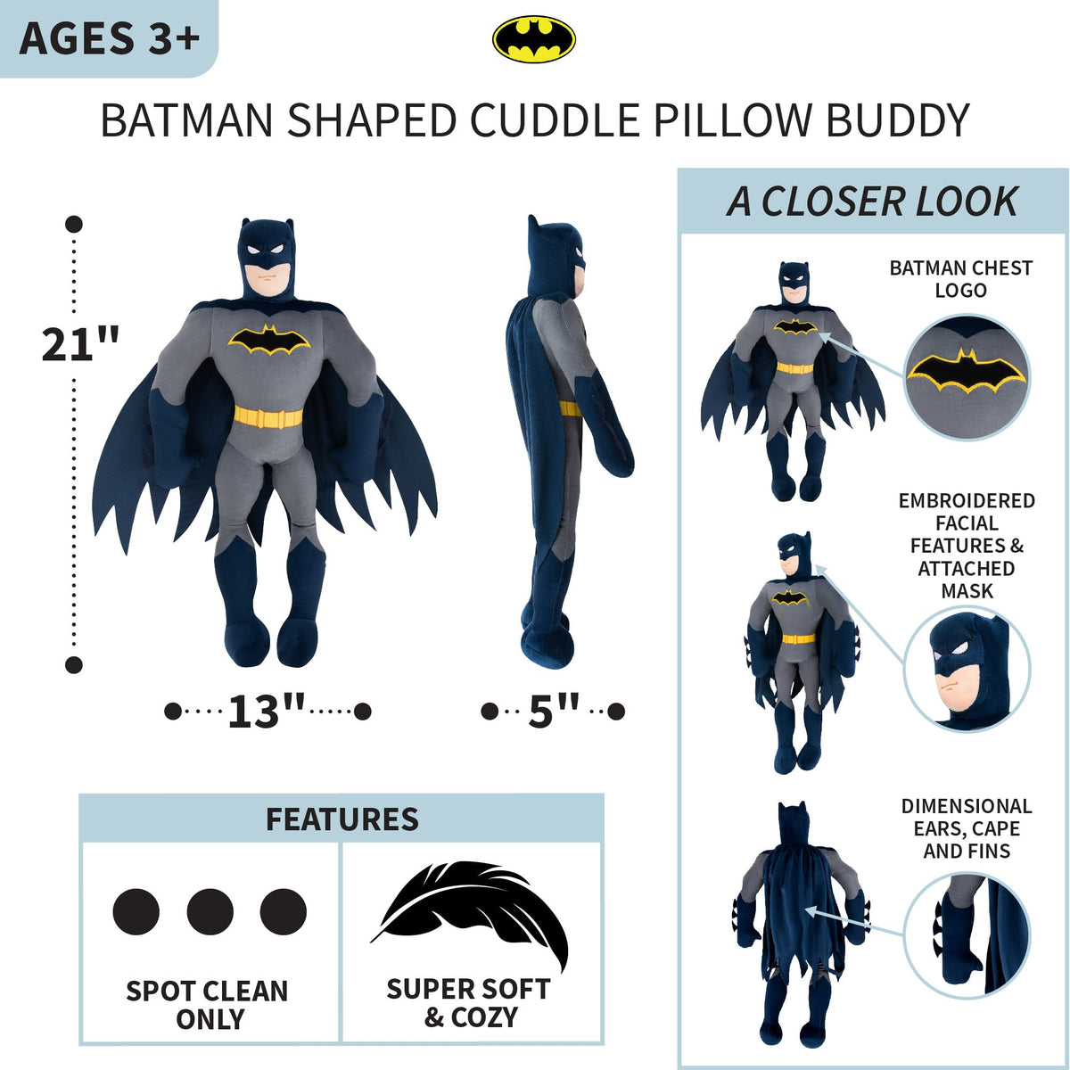 Franco Kids Bedding Super Soft Plush Cuddle Pillow Buddy, One Size, Batman