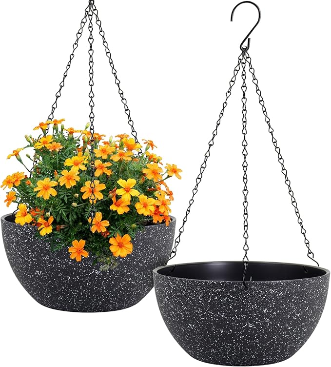 12 inch Large Hanging Planters for Indoor Outdoor Plants, 2 Pack Hanging Flower Pots with Drainage Holes and Chain for Garden Porch, Plastic Hanging Baskets for House Plants, Speckled Black