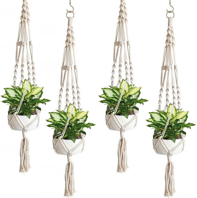 Sorbus Macrame Plant Hanger [4 Pack] Indoor Outdoor Hanging Plant Pots Cotton Rope, Elegant for Home, Patio, Garden White