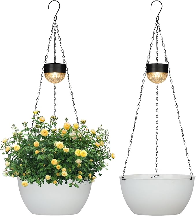 2 Packs Hanging Planters Basket for Outdoor Plants, Solar Powered Self Watering White Round Plastic Flower Pots with Drainer for Balcony Patio Garden Outdoor Decoration