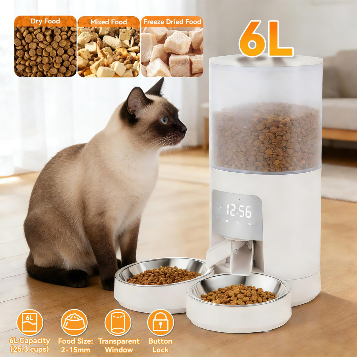 NEWBULIG Automatic Cat Feeder for 2 Pets 6L Dog Food Dispenser, White
