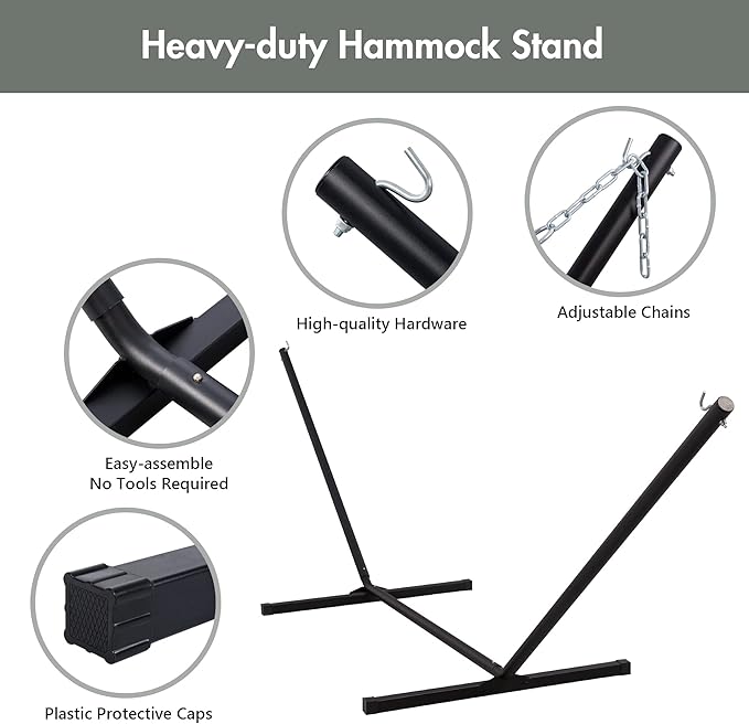 ANOW Outdoor Hammock with Stand 12FT, Heavy Duty Hammock with Steel Stand, Included Detachable Pillow and Pad, 450 LBS Weight Capacity, Gray