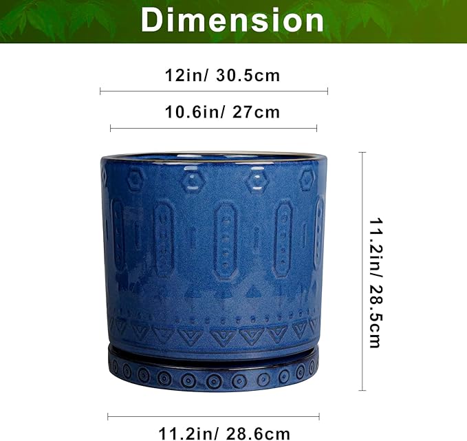 12 Inch Pot for Plants - Ceramic Planter for Indoor Plants Large Plant Pot with Drainage Holes and Saucer Outdoor Flower Pot Decorative Round Planter for Porch Office Decor Blue