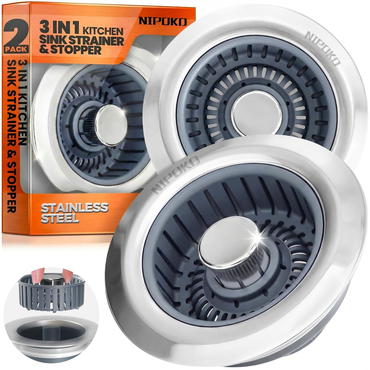 Nipoko 3 in 1 Kitchen Sink Drain Strainer Stopper Basket Pop Up Silver