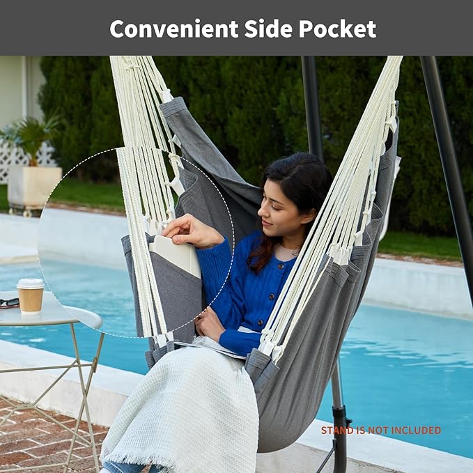 Hanging Hammock Chair Swing MAX 500 lbs Outdoor Hanging Chair with Footrest Indoor Swing Chair with Portable Steel Spreader Bar and Hardware Kit for Bedroom Living Room Patio Porch - Dark Grey