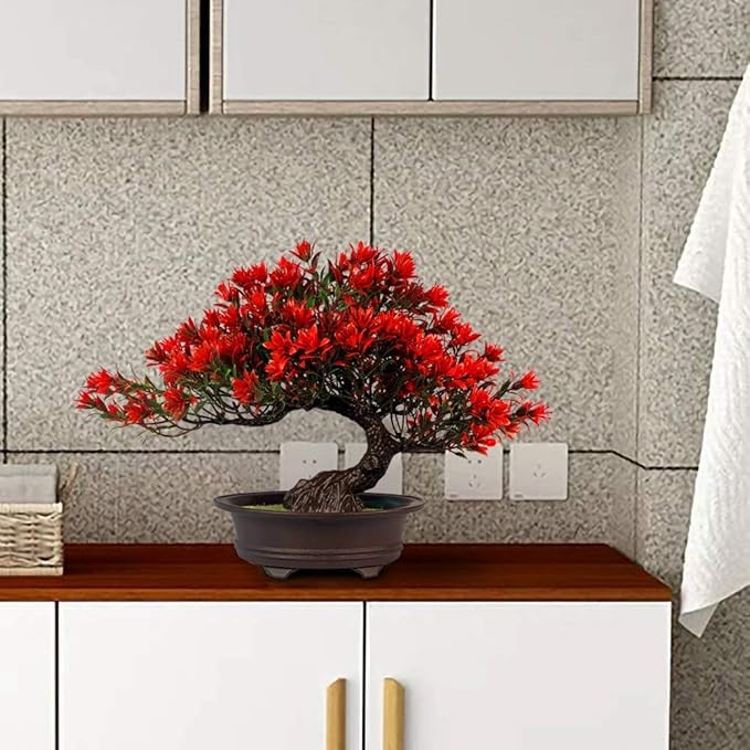 Fake Plants Plastic Artificial Bonsai Tree, Red Bonsai Tree for Home Bedroom Office Desk Farmhouse Room Decor, Tall 9.5"