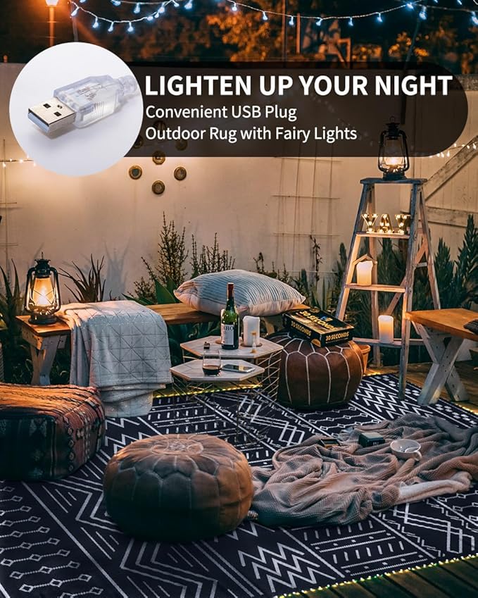 Outdoor Rug Carpet Waterproof 8x10 ft with LED Strip Lights-Patio Rug Mat Indoor Outdoor Rug for RV Camping Picnic Reversible Lightweight Plastic Straw Outside Rug for Patio Decor Decoration Boho Rug